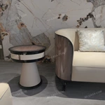 Round Radial Natural Wood Veneer Sofa Side Table with Beige Leather-Wrapped Pedestal and Layered Glossy Black Trim